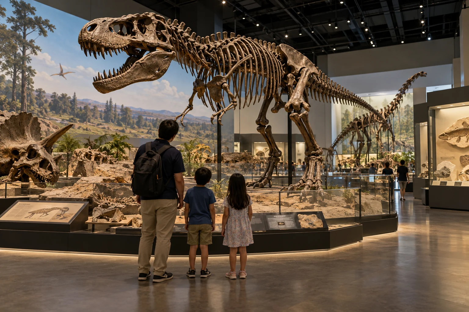 Family viewing a dinosaur skeleton in a natural-history gallery.