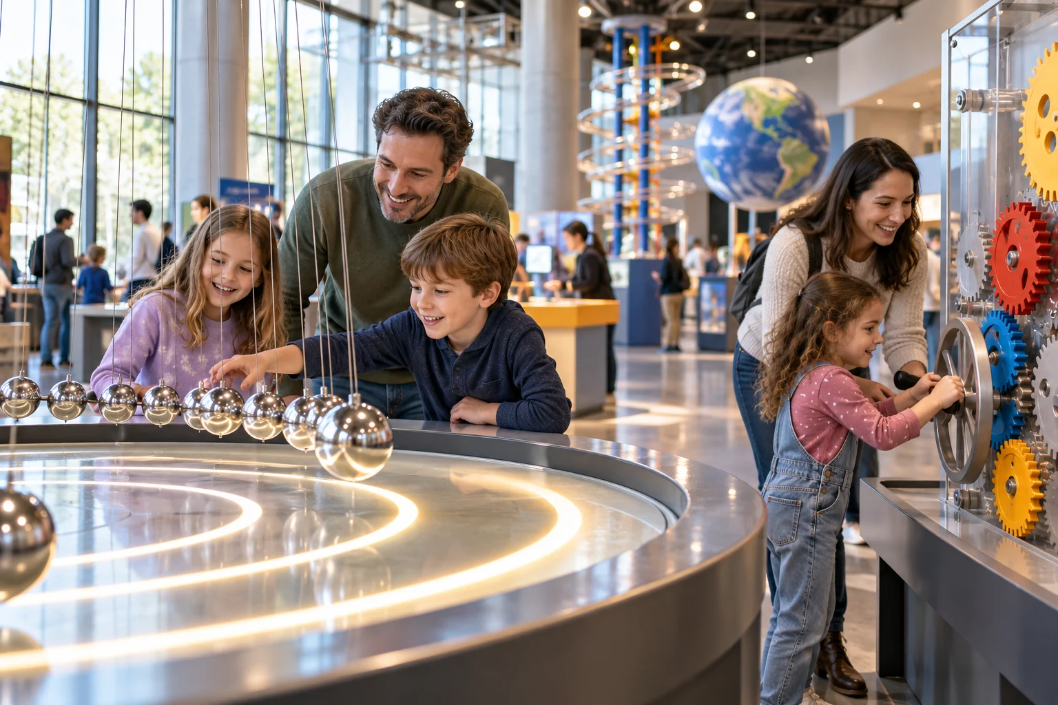 Children exploring a pendulum and interactive gears in a science gallery.