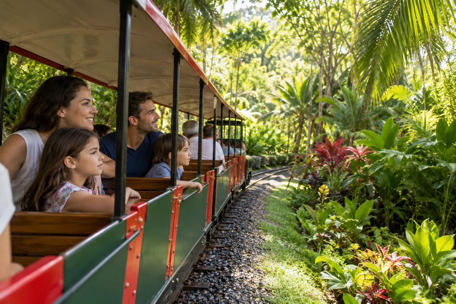 Family riding a small scenic railway through tropical garden landscaping.