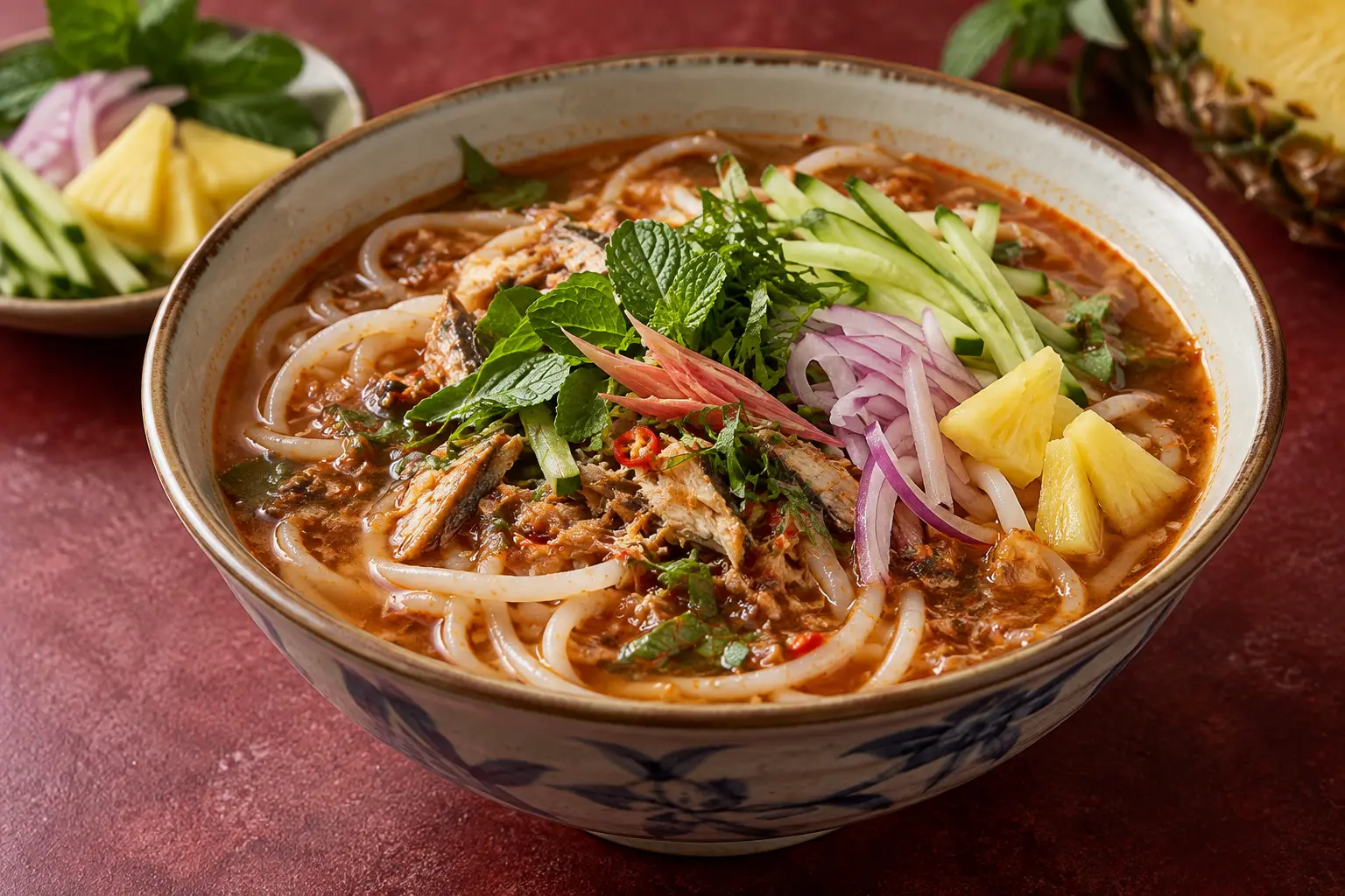 A bowl of assam laksa with flaked fish, rice noodles, pineapple and torch ginger flower
