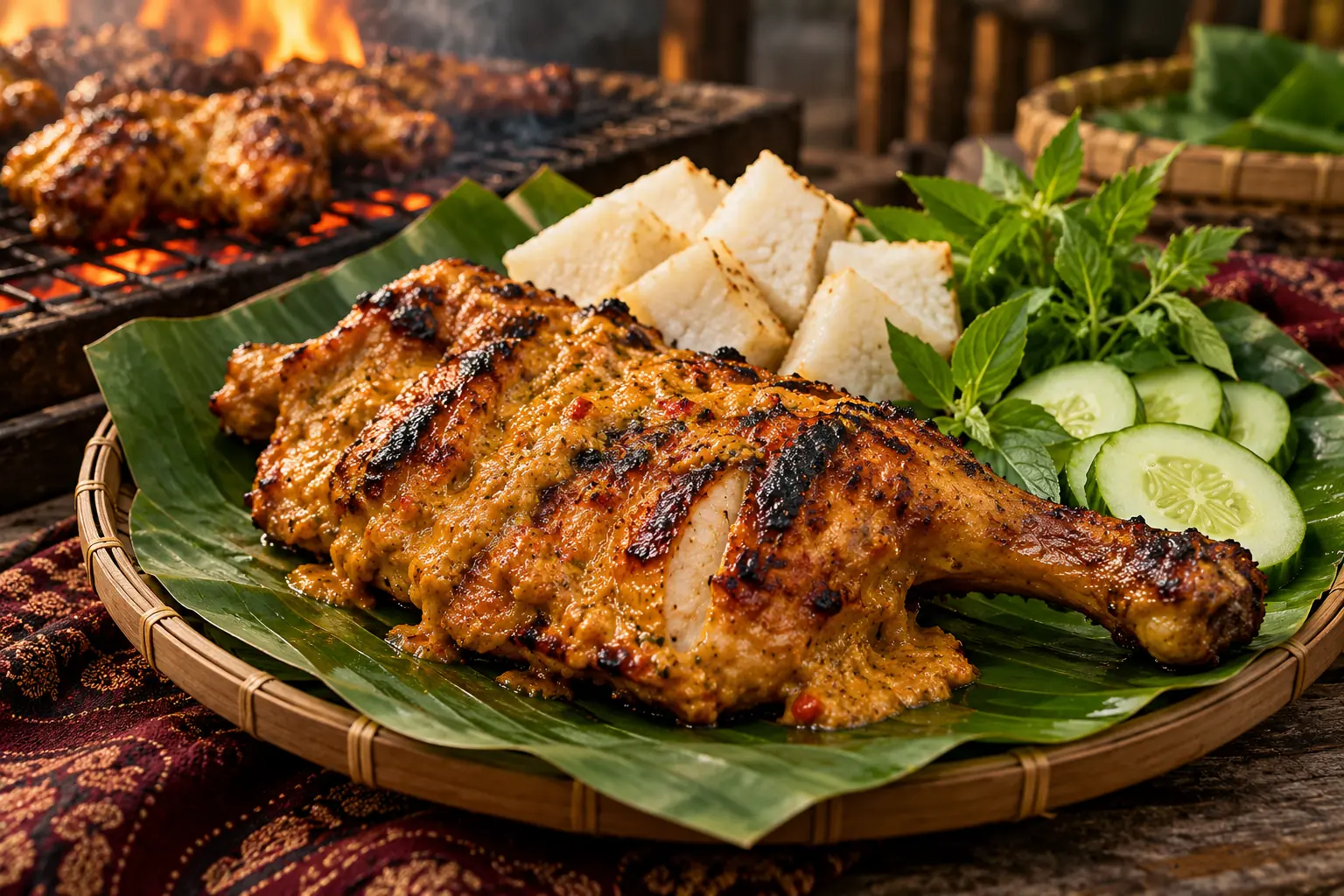 Charcoal-grilled ayam percik coated in a spiced coconut marinade, served on a banana leaf with nasi himpit, cucumber and herbs