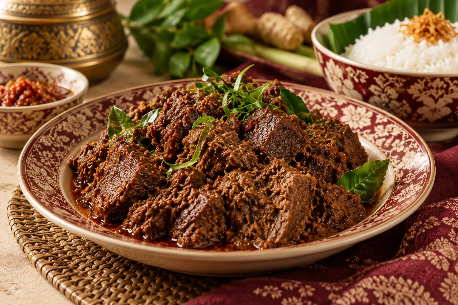 A dark, richly spiced beef rendang served with rice