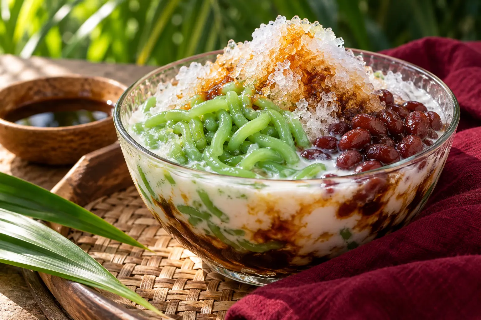 A bowl of cendol with shaved ice, coconut milk, palm sugar syrup and red beans