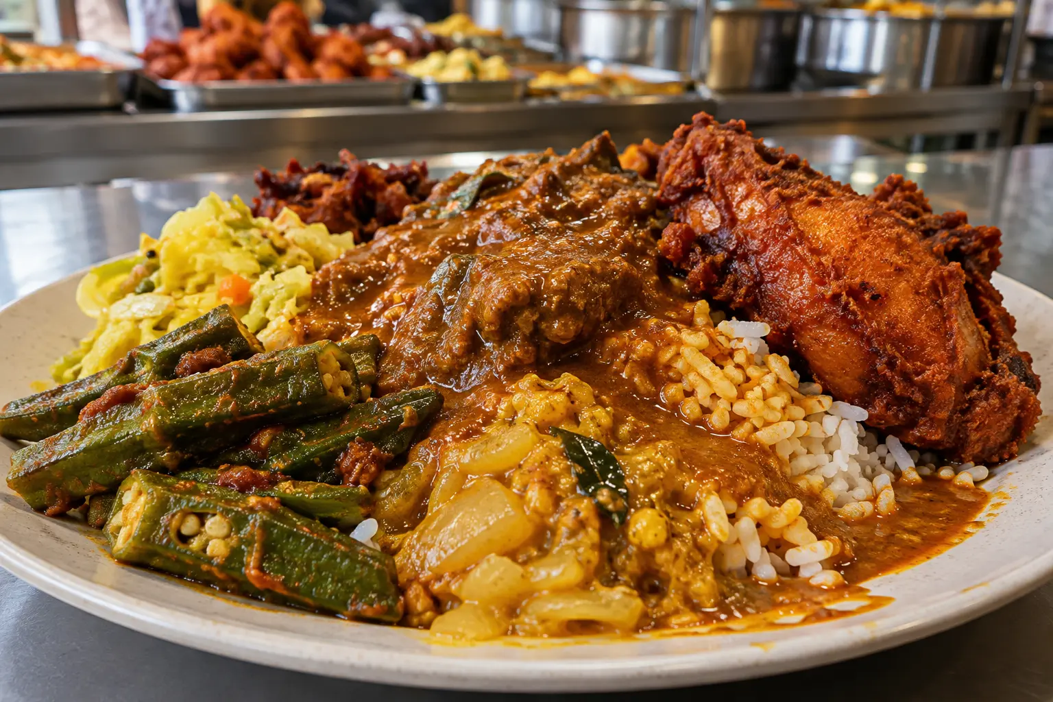 A plate of nasi kandar rice with an assortment of curries and side dishes