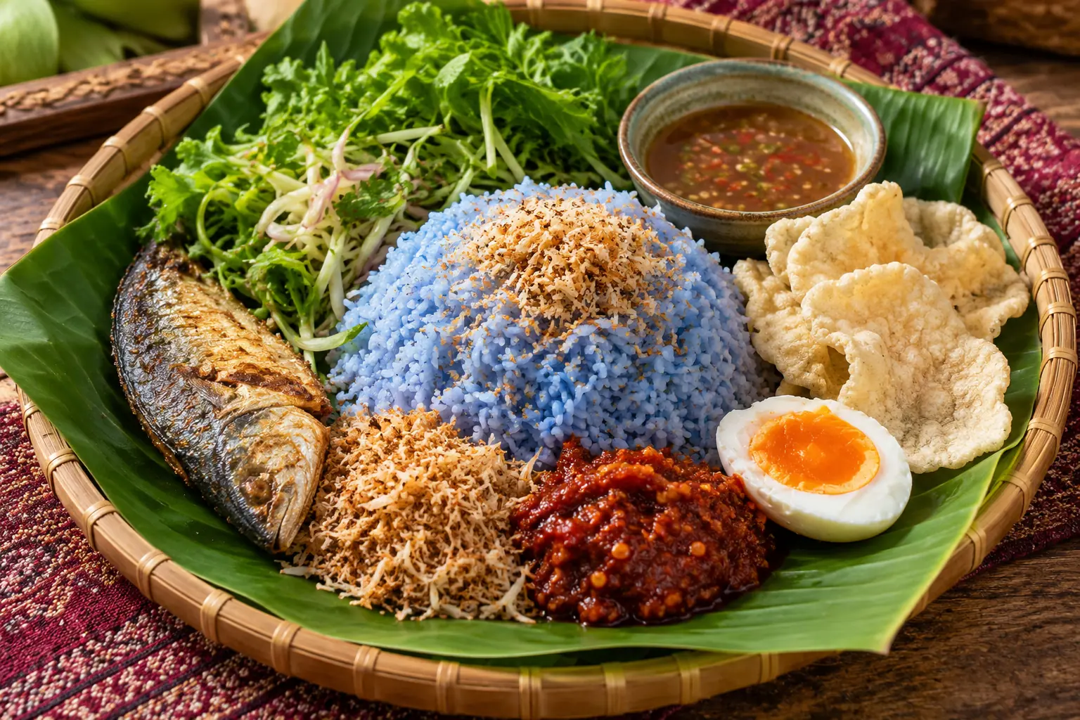 Nasi kerabu with blue butterfly-pea rice, fresh herbs, coconut floss, sambal, salted egg, keropok and grilled fish on a banana leaf