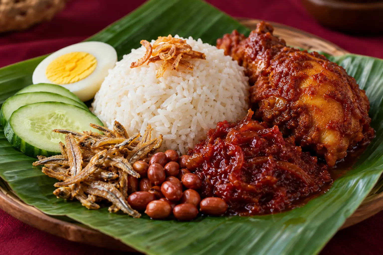 Nasi lemak served with sambal, fried anchovies, peanuts, cucumber and egg on a banana leaf