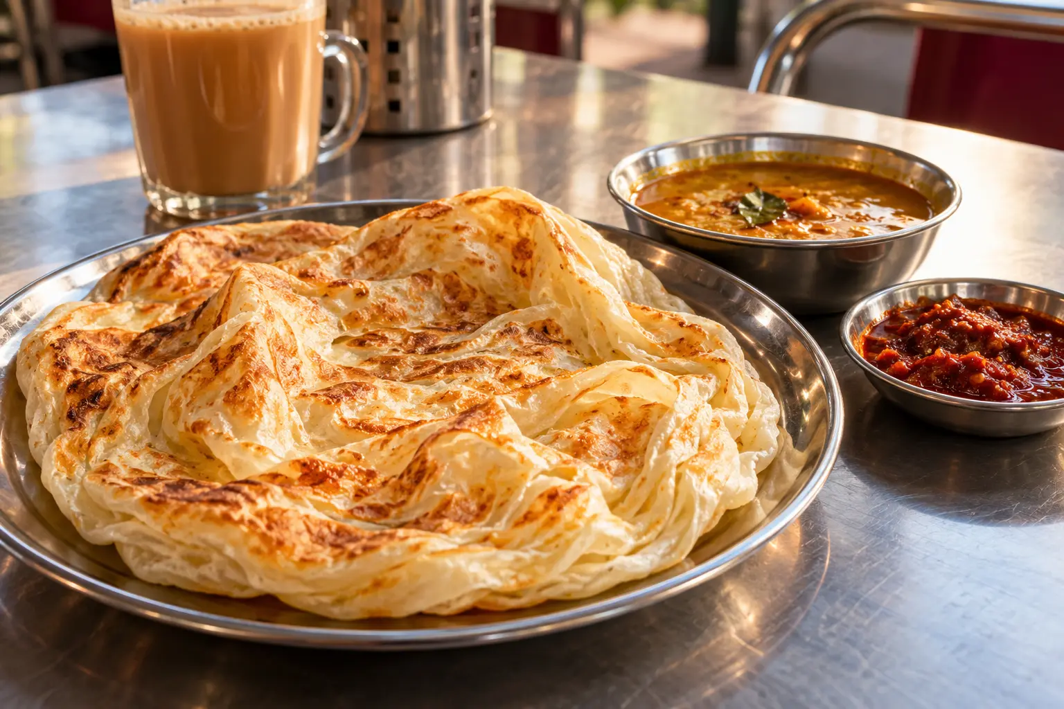 Freshly torn roti canai served with a small bowl of dhal curry