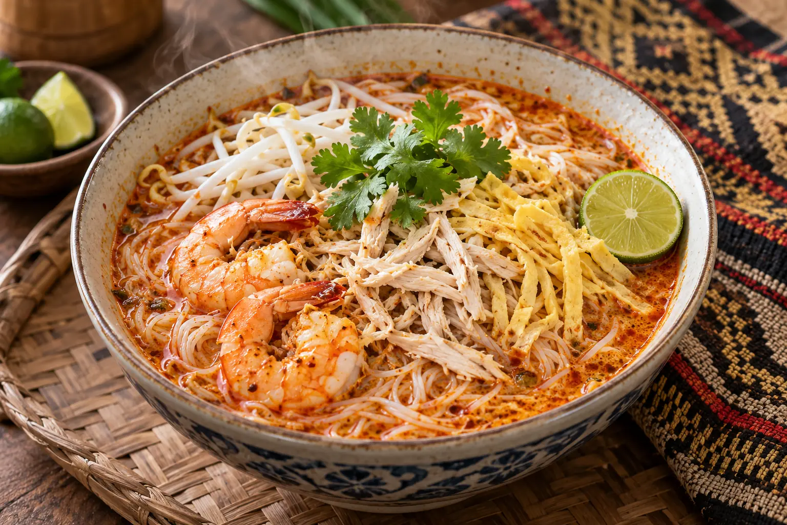 A bowl of Sarawak laksa with rice vermicelli, shredded chicken, prawns, omelette strips, bean sprouts, coriander and lime