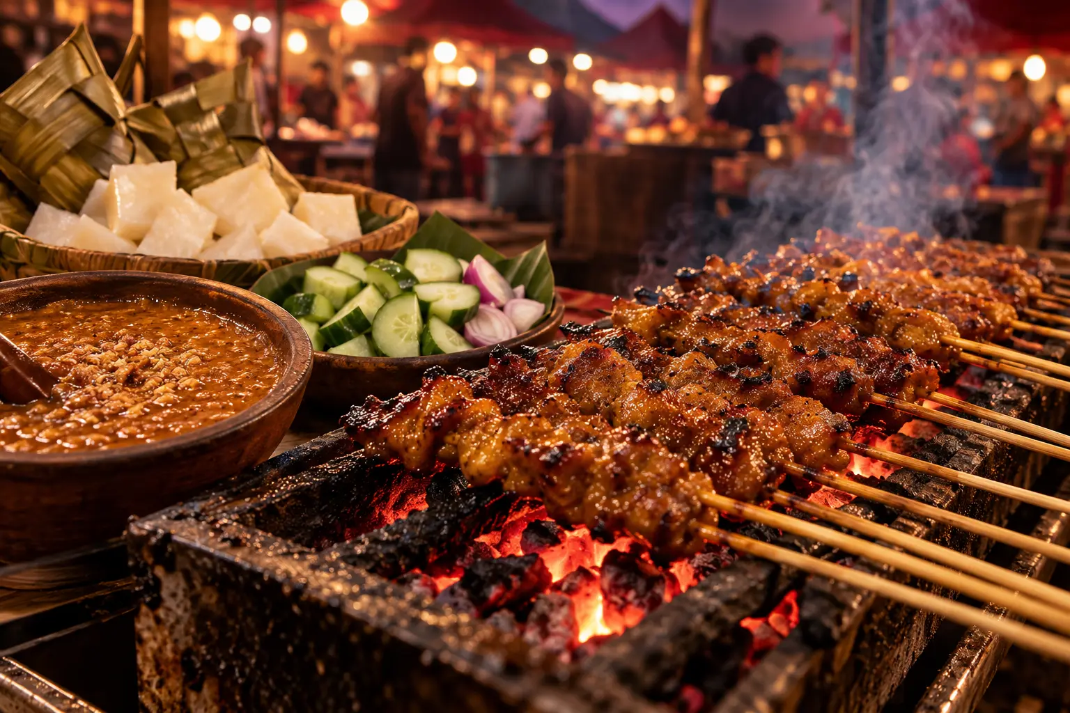 Skewers of grilled satay with peanut sauce, cucumber and ketupat rice cakes