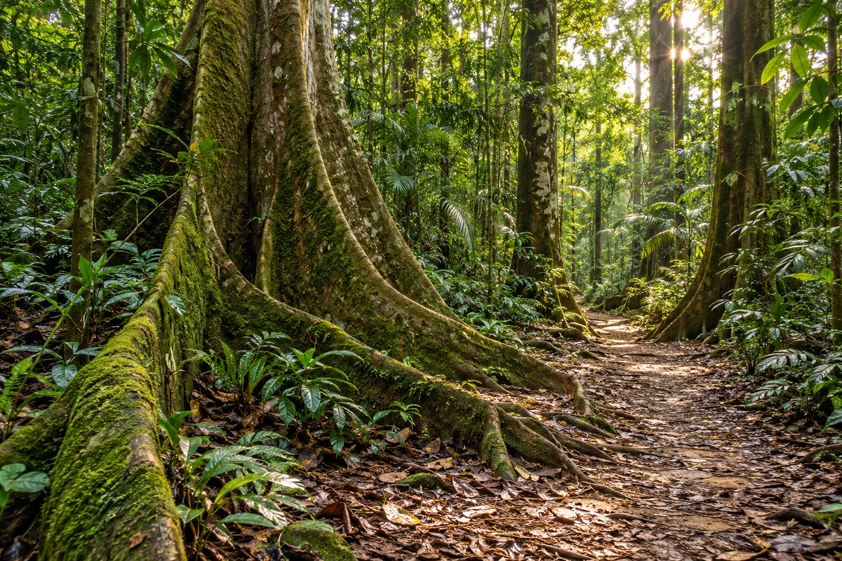 East & Interior Peninsula — Illustration of a Malaysian rainforest landscape: layered canopy, mist in the valley and a river running through tall forest