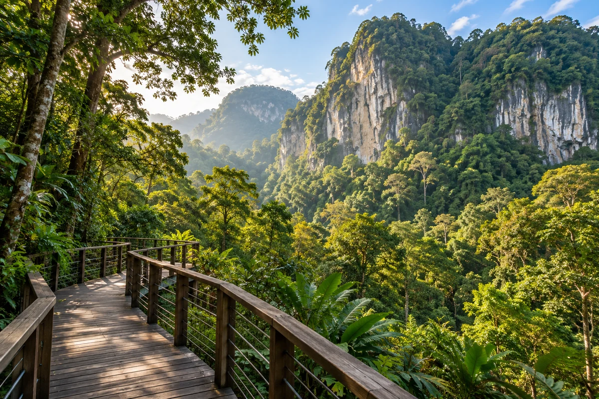 Sarawak — Illustration of a Malaysian rainforest landscape: layered canopy, mist in the valley and a river running through tall forest