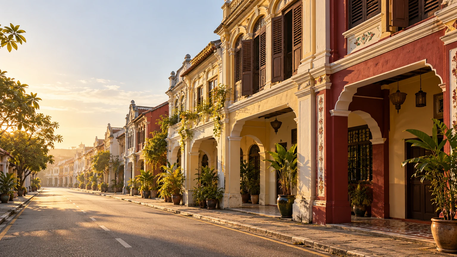 A warm-toned Malaysian heritage streetscape of shuttered shophouses and a covered five-foot way — an editorial illustration prepared for this page, not a photograph of a named street.