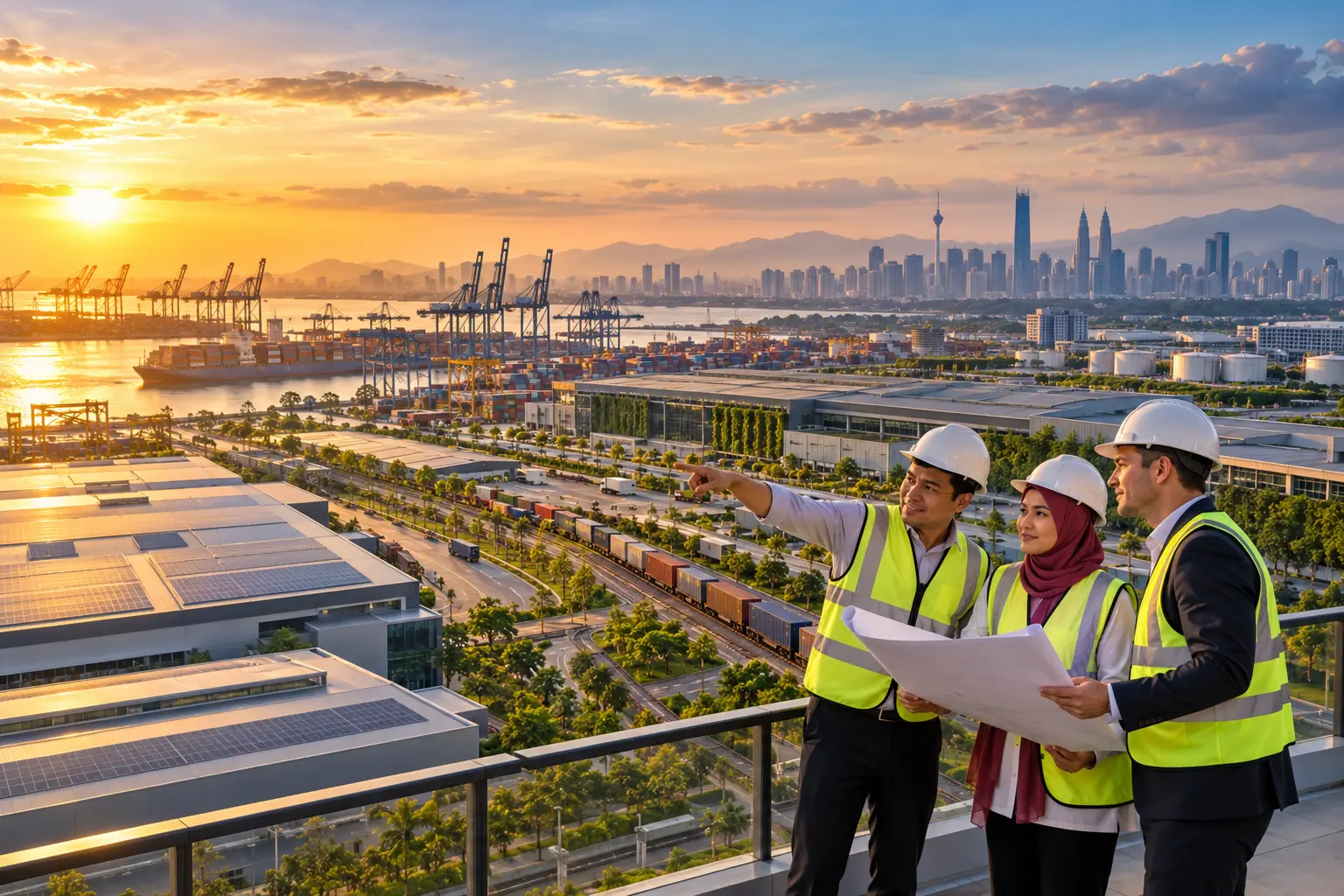 Site engineers in hard hats and hi-vis reviewing a plan above an industrial estate, container port and city skyline at sunset.