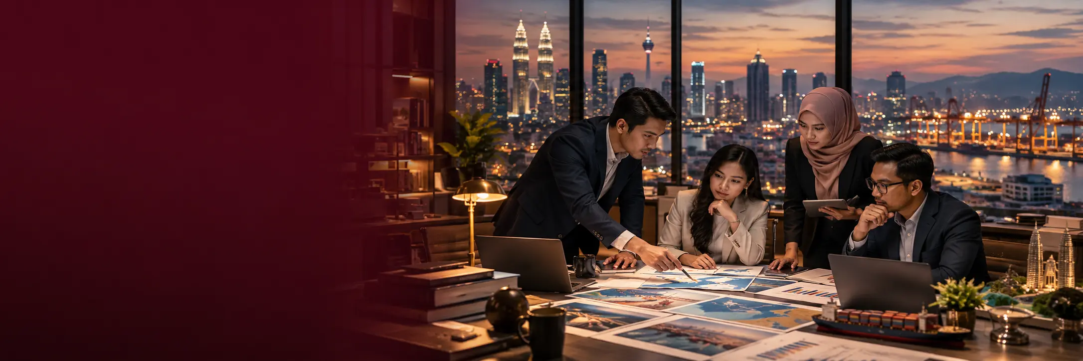 Analysts reviewing Malaysian economic and business intelligence
