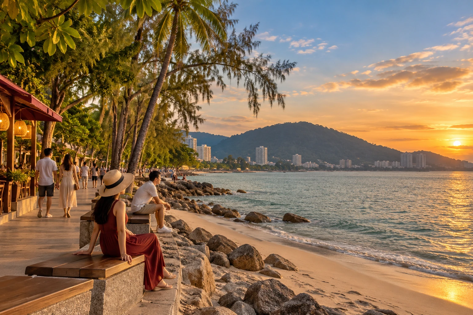 Editorial illustration of an urban Malaysian island waterfront at sunset