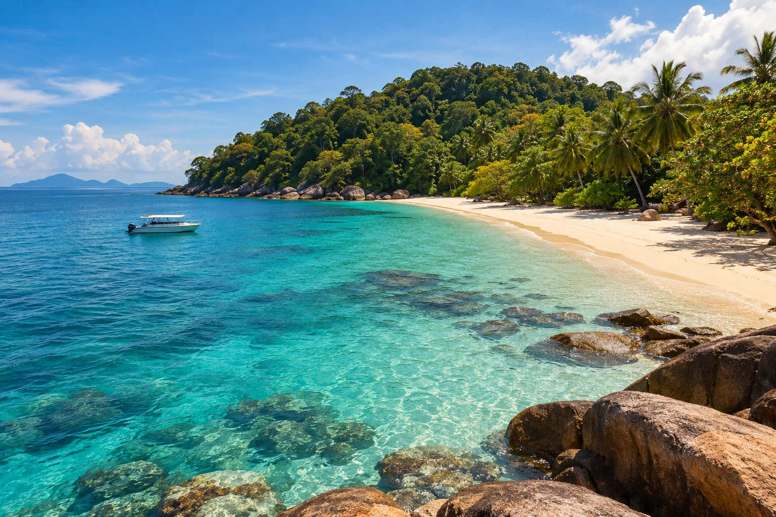 Editorial illustration of a sandy, forested Malaysian offshore island coast