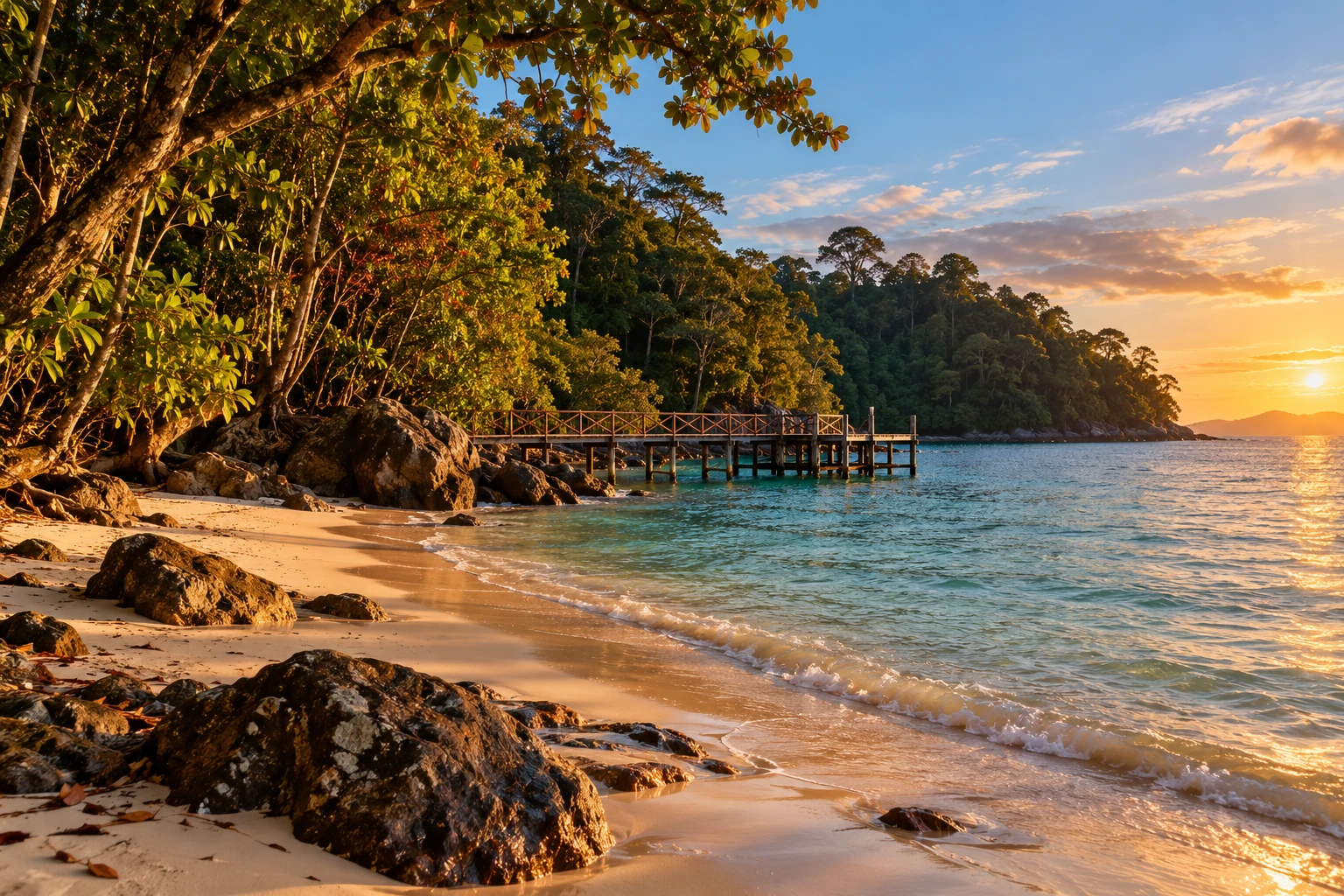 Editorial illustration of a forested Malaysian conservation coast and small jetty
