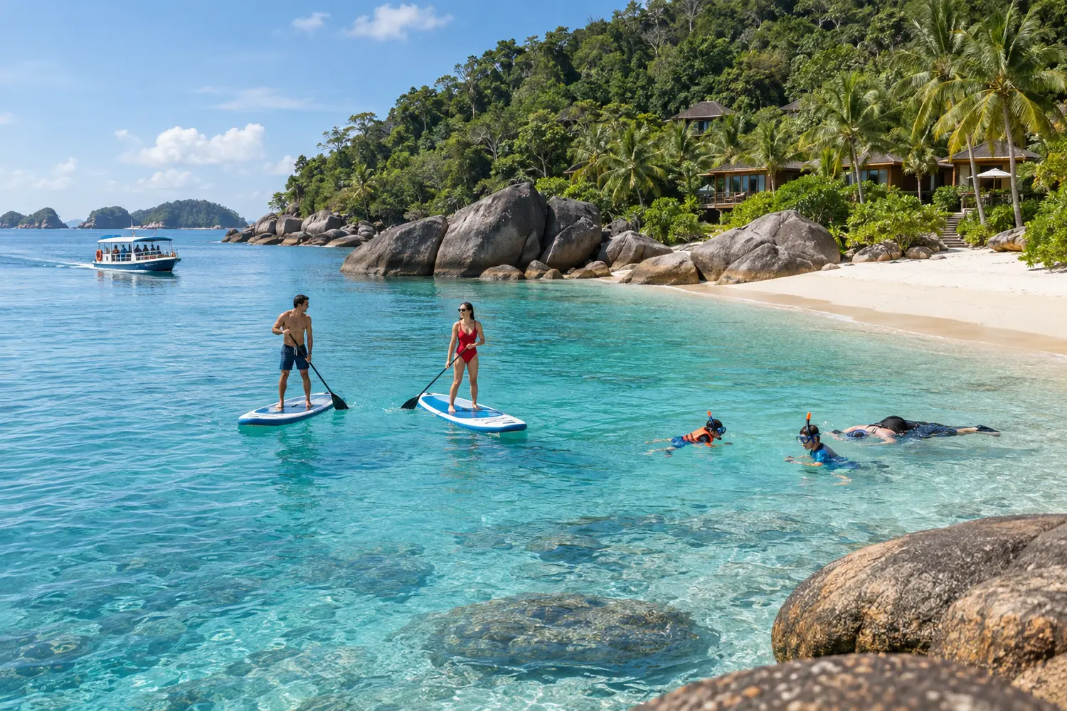 Editorial illustration of paddling and snorkelling beside a forested Malaysian island