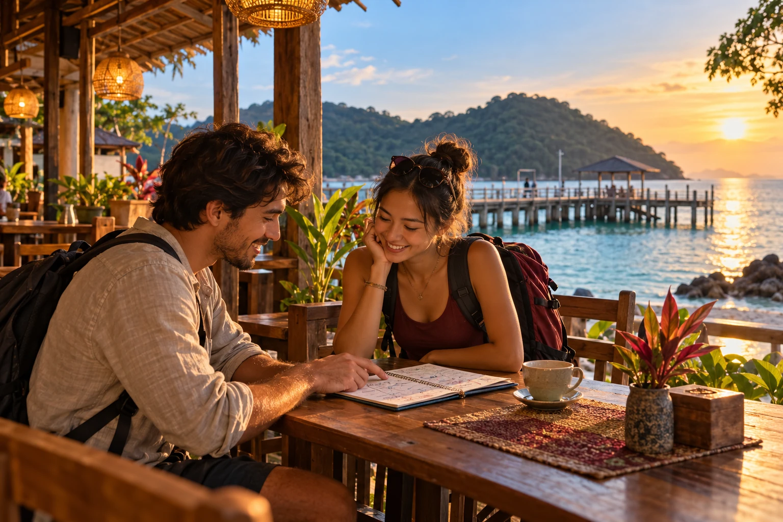 Editorial illustration of travellers reviewing route notes at an island café