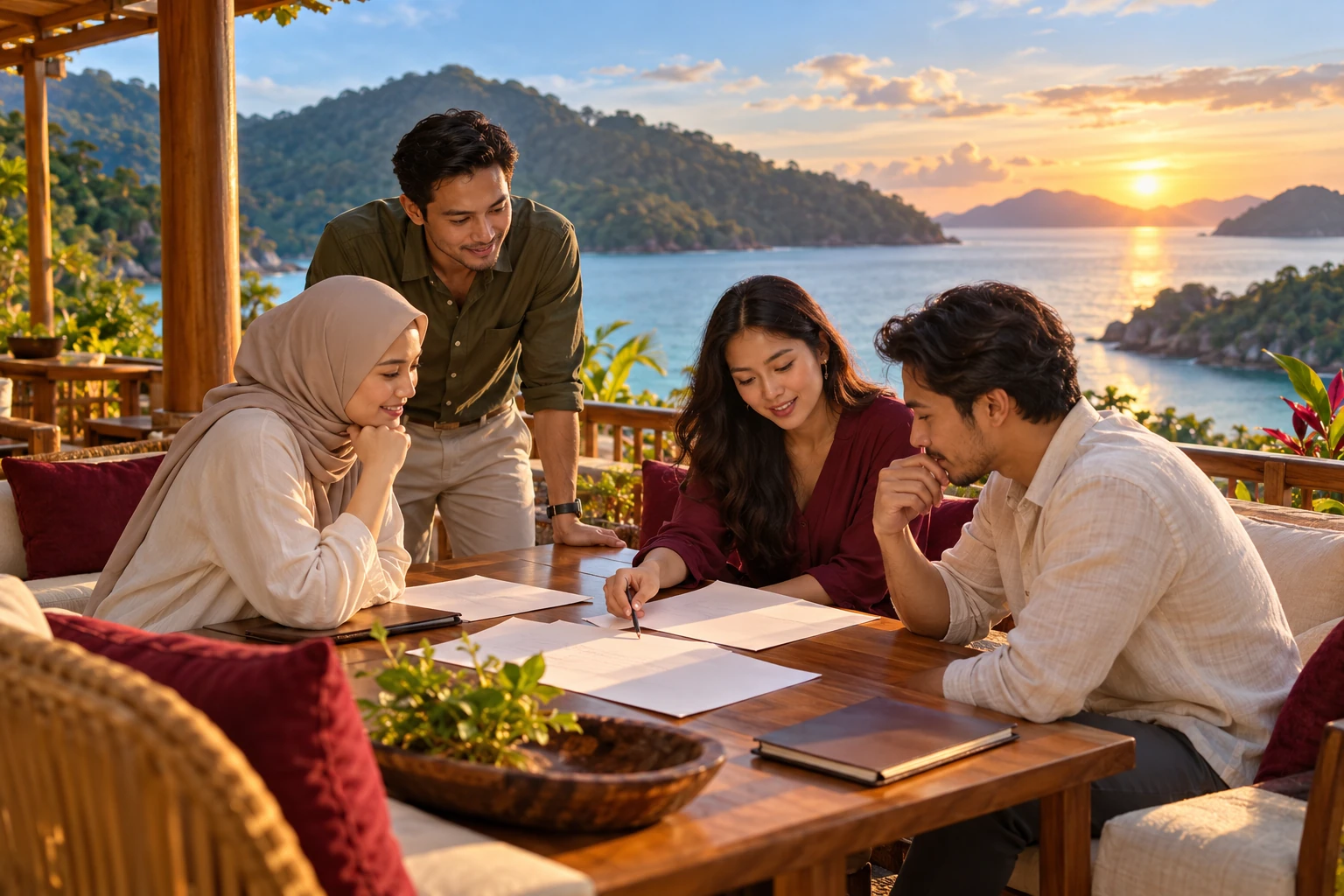 Editorial illustration of colleagues planning a retreat on a coastal terrace