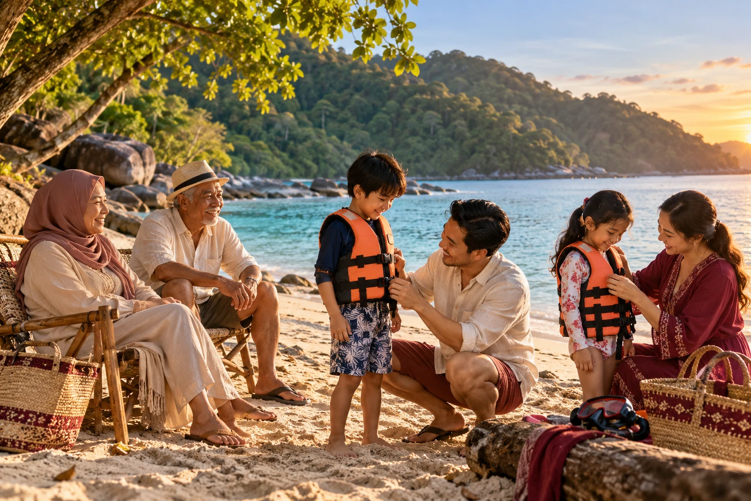 Editorial illustration of a family preparing children’s life jackets on a beach