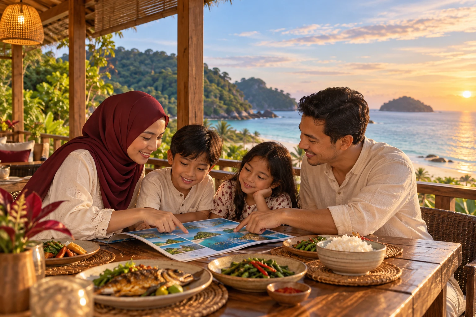 Editorial illustration of a Muslim family planning island travel over a meal