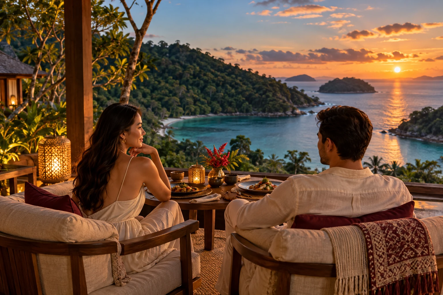 Editorial illustration of a couple enjoying a quiet coastal terrace