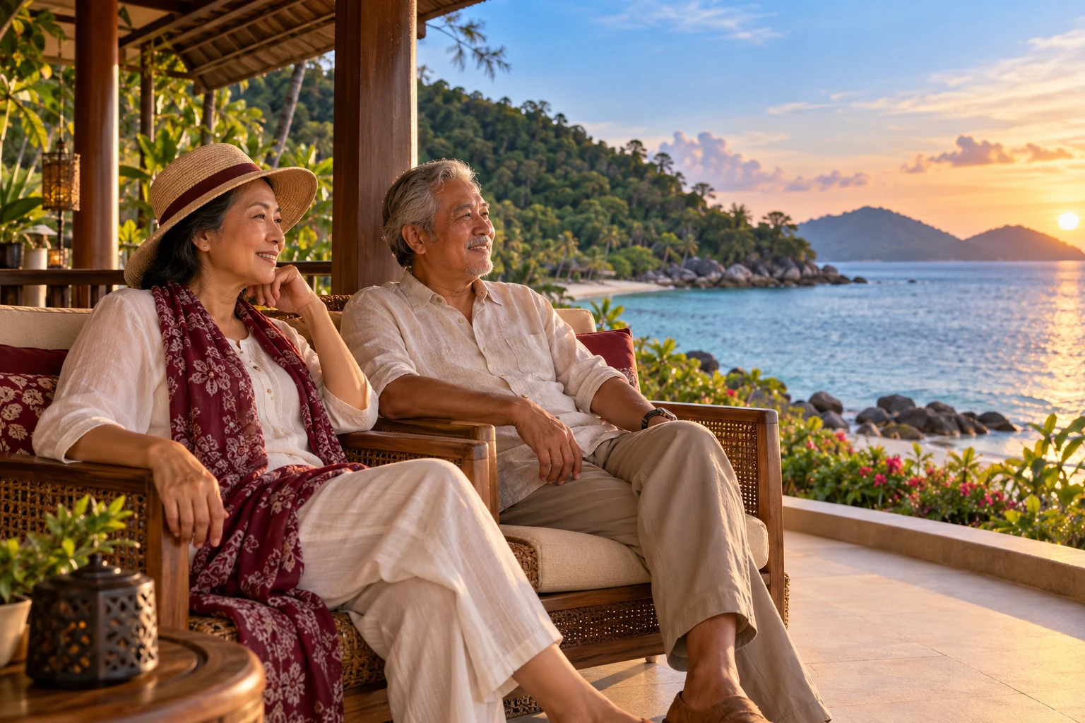 Editorial illustration of an older couple resting on a shaded coastal terrace