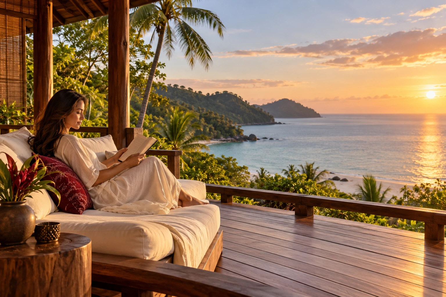 Editorial illustration of a traveller reading on a quiet coastal veranda