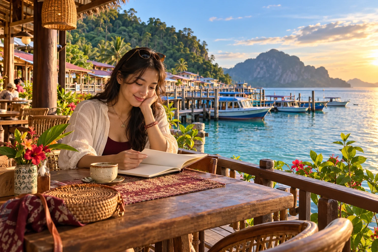 Editorial illustration of a solo traveller writing in a notebook beside the water
