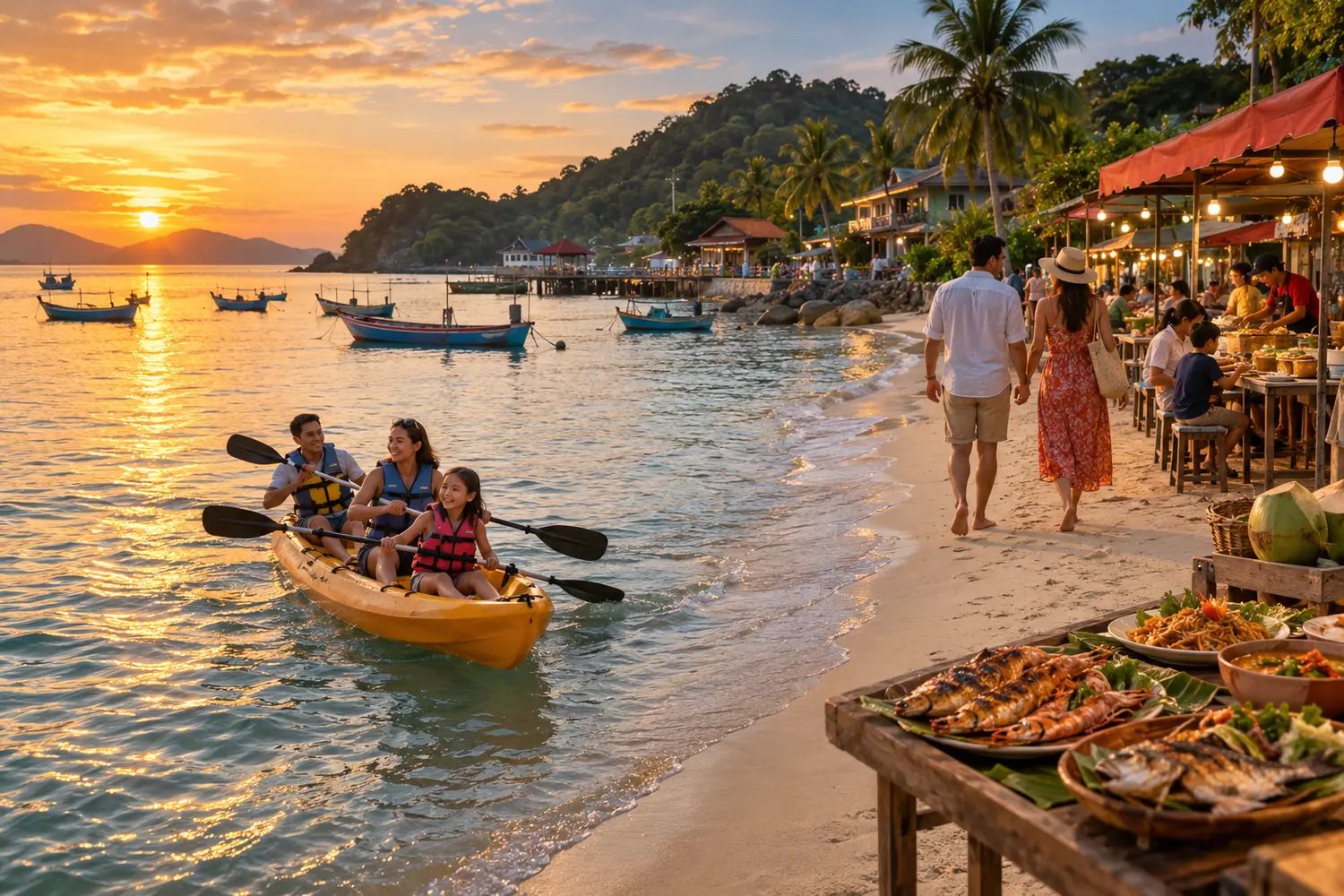 Editorial illustration of a family and informal coastal dining at sunset