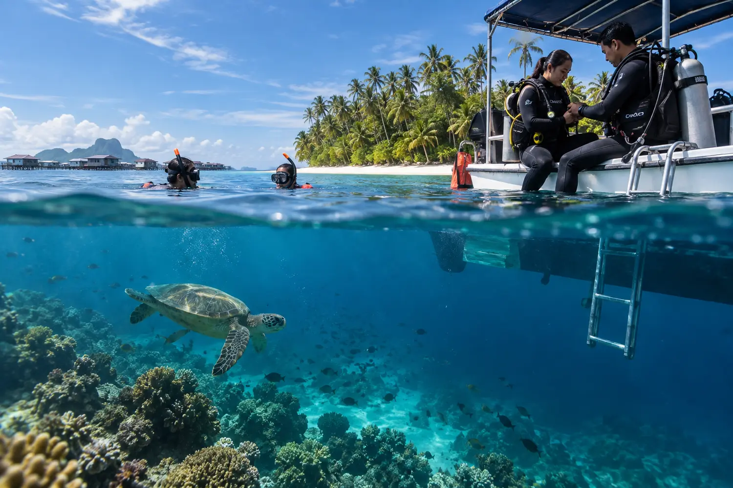 Editorial illustration of divers preparing for a marine excursion