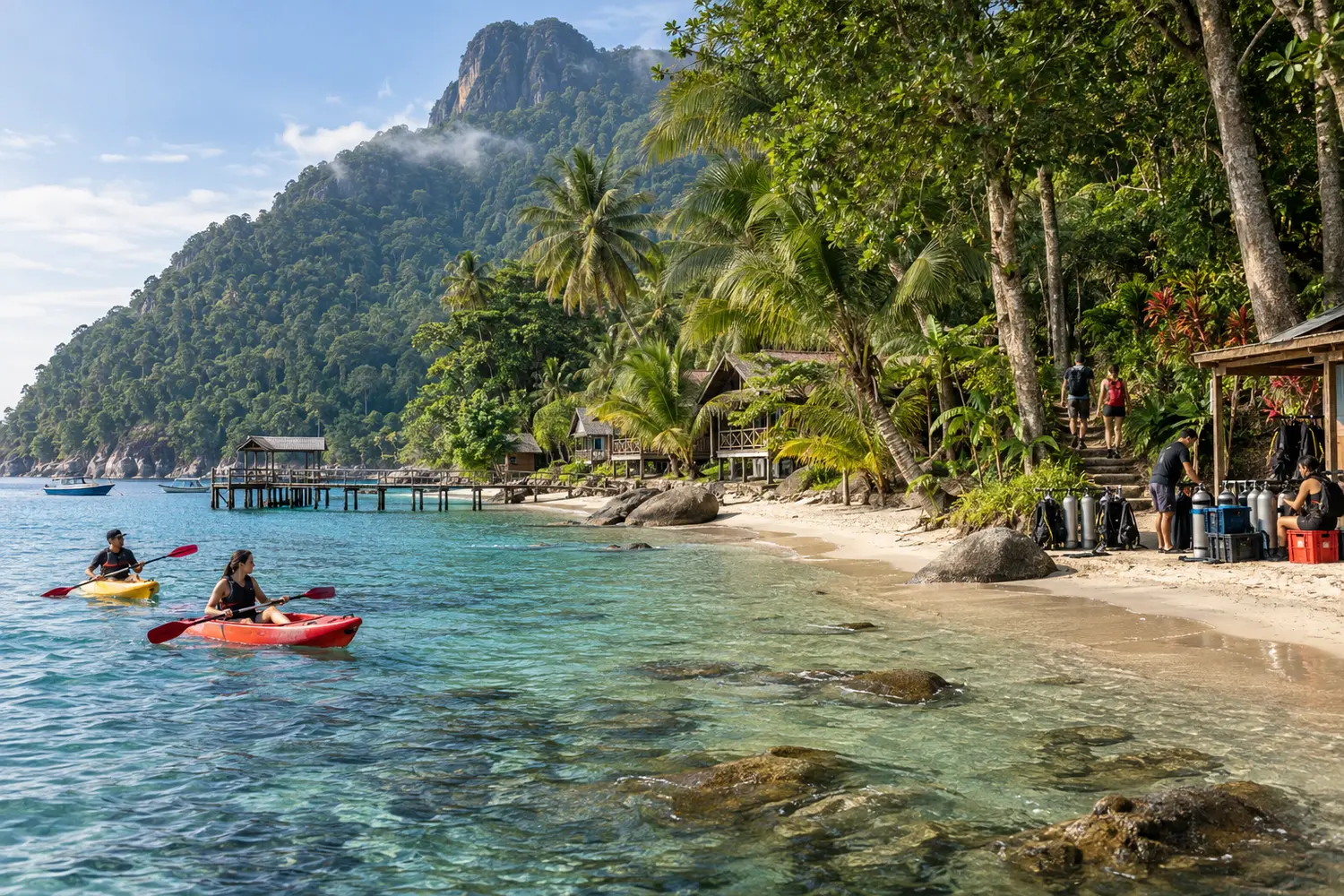 Editorial illustration of kayaking beside a forested Malaysian island village