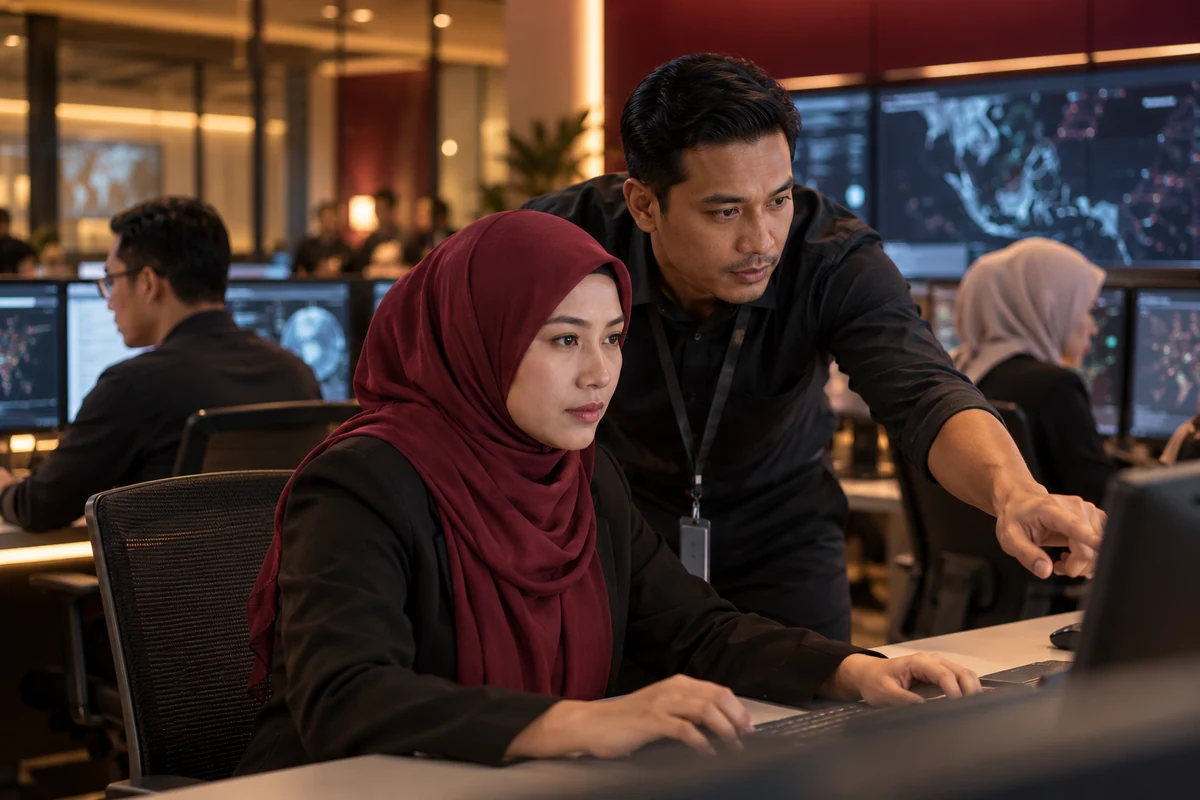 AI editorial illustration of cybersecurity in a Malaysian technology setting