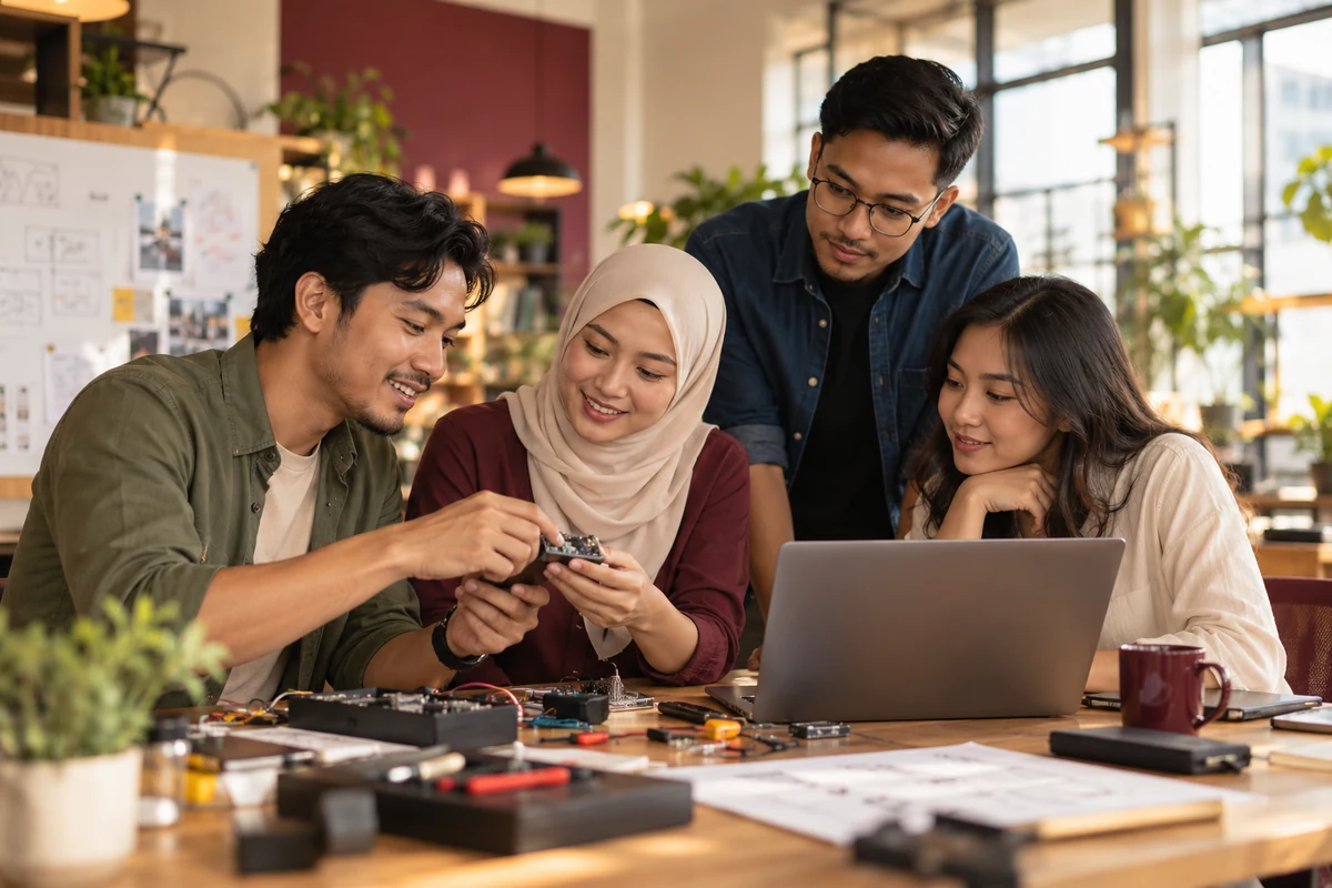 AI editorial illustration of startups in a Malaysian technology setting