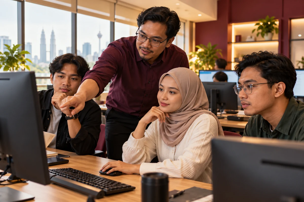 AI editorial illustration of talent in a Malaysian technology setting