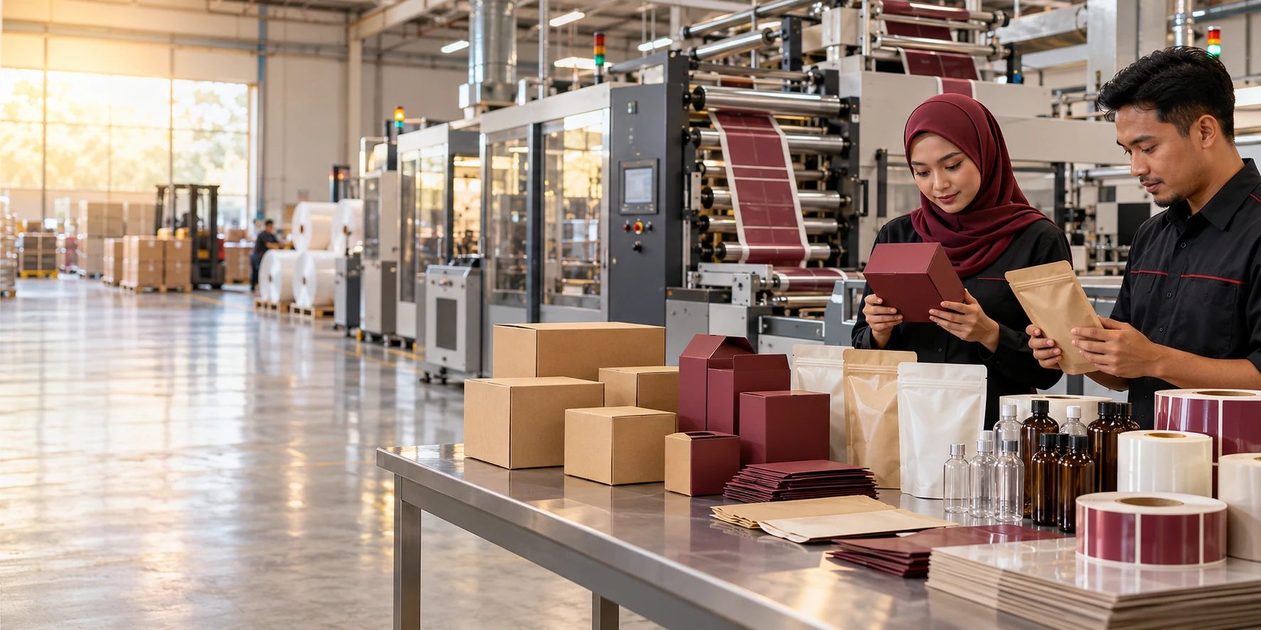 A packaging factory with cartons, pouches and containers — an editorial illustration prepared for this page, not a photograph of a named supplier.