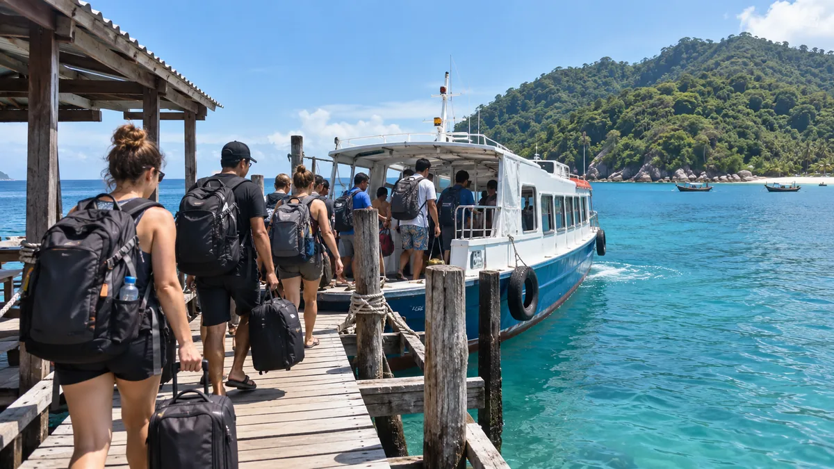 Editorial illustration of passengers boarding an island ferry