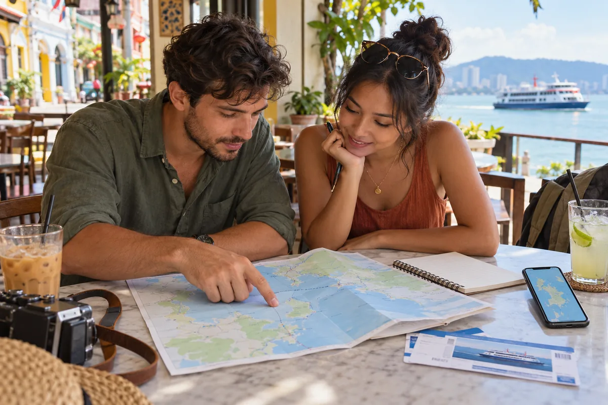 Editorial illustration of two travellers comparing a route map at a coastal cafe