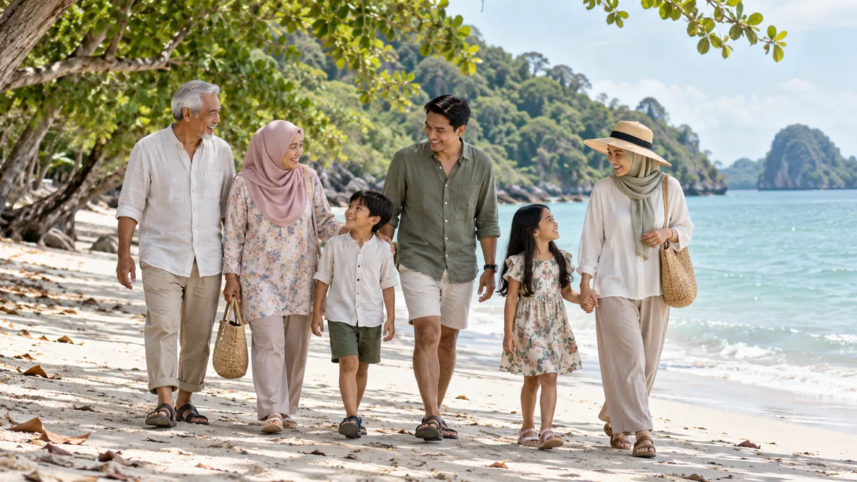 Editorial illustration of a family on a calm Malaysian beach