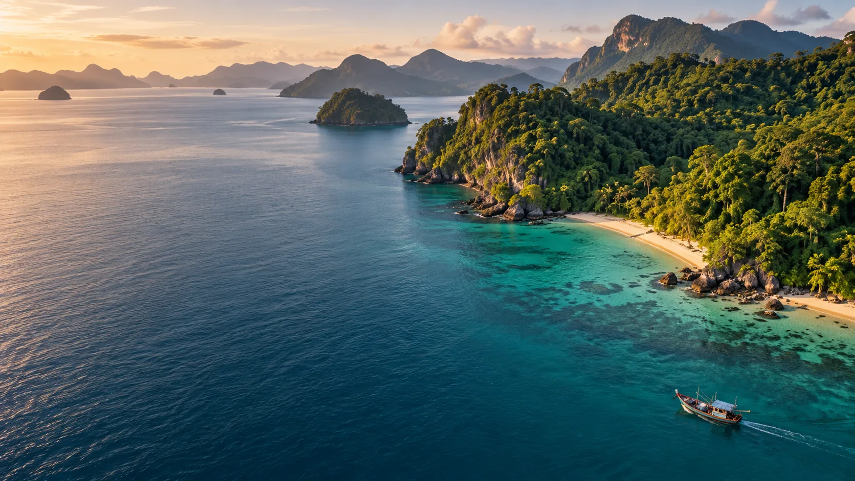 Editorial illustration of a forested Malaysian island coastline meeting clear shallow sea