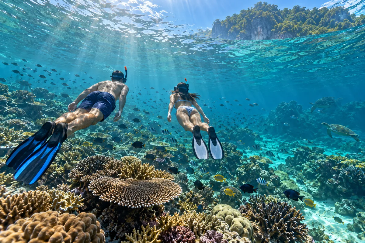 Editorial illustration of snorkellers above a shallow reef