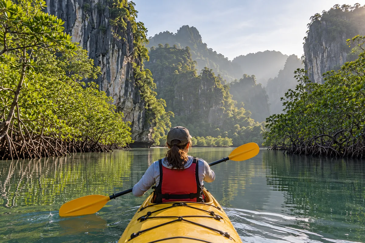 Editorial illustration of kayaking between mangroves and limestone karst