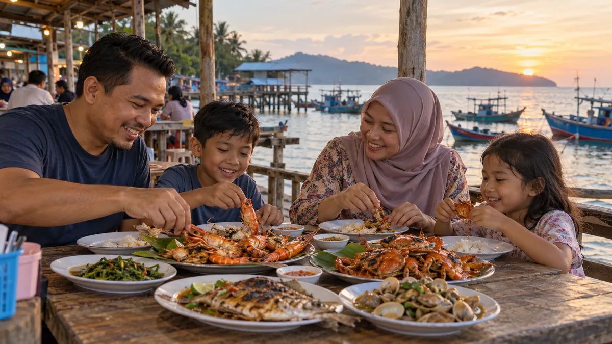 Editorial illustration of a shared meal at a coastal eating place