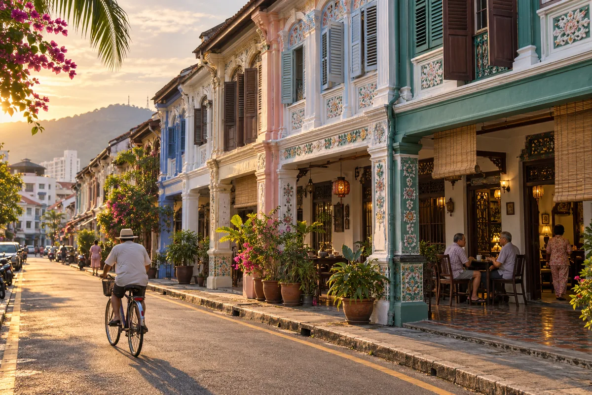 Editorial illustration of a heritage shophouse street on the Malaysian west coast