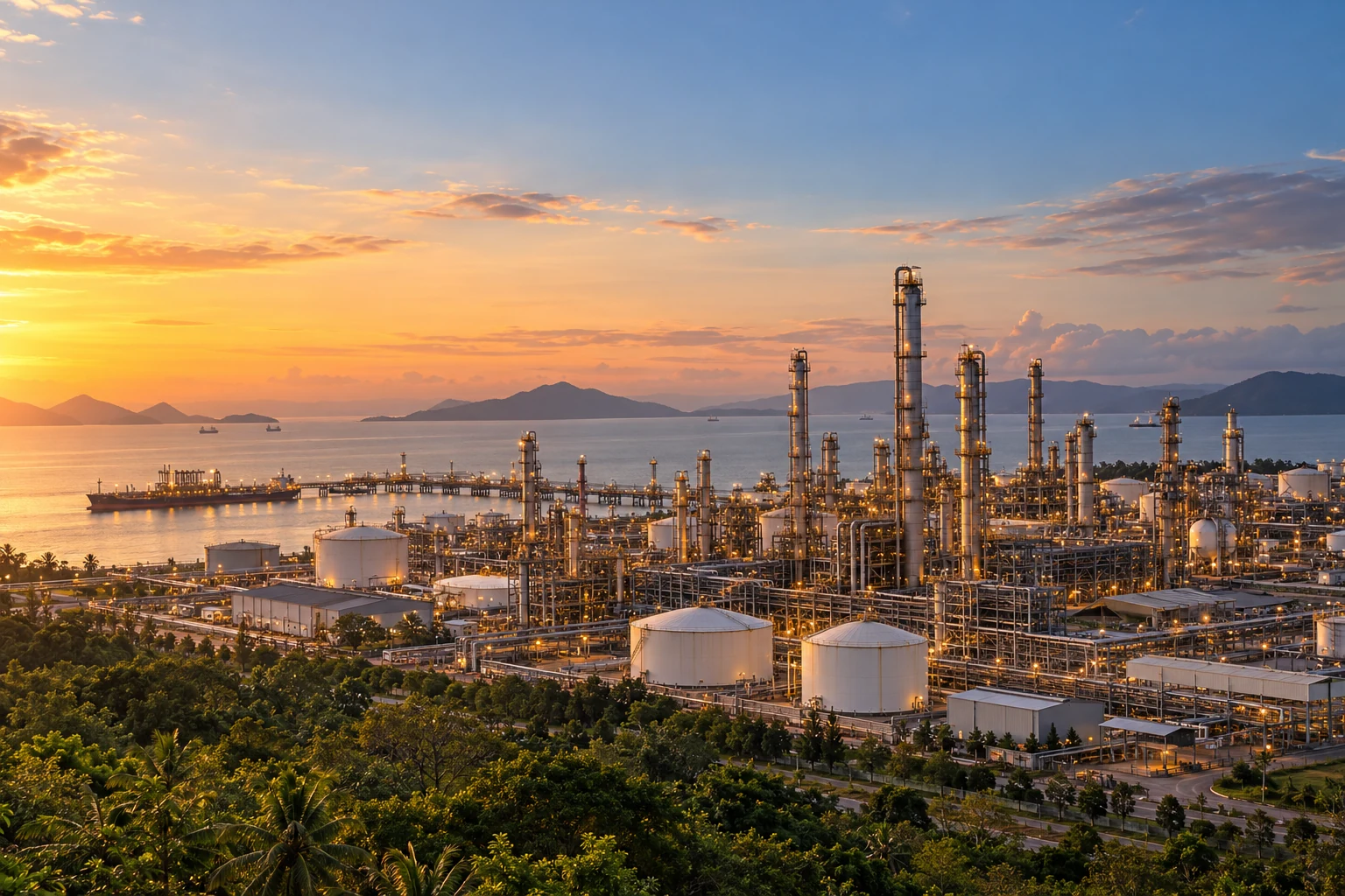 A coastal petrochemical complex with processing towers and storage tanks — an editorial illustration prepared for this page, not a photograph of a named company's site.
