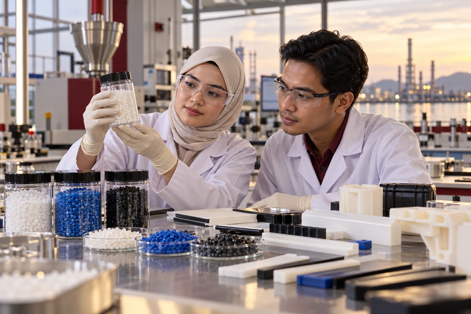 Illustrative material scientists examining polymer pellet samples in a laboratory.