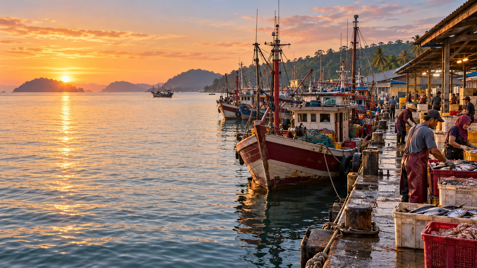 Malaysia's fisheries and aquaculture in warm light — an editorial illustration prepared for this page, not a photograph of a named port, farm or factory.
