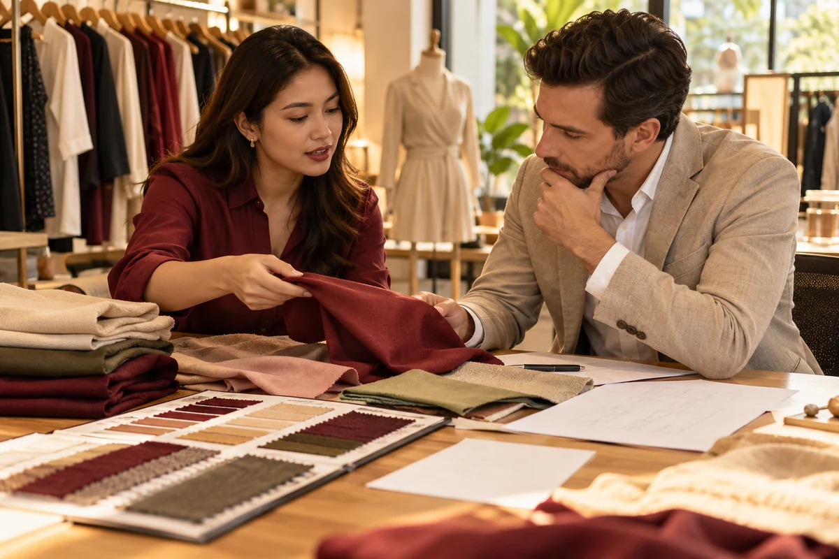 Editorial illustration of a buyer reviewing textile samples in a Malaysian setting.
