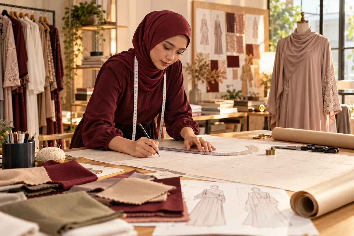 Editorial illustration of fashion design work in a Malaysian studio setting.